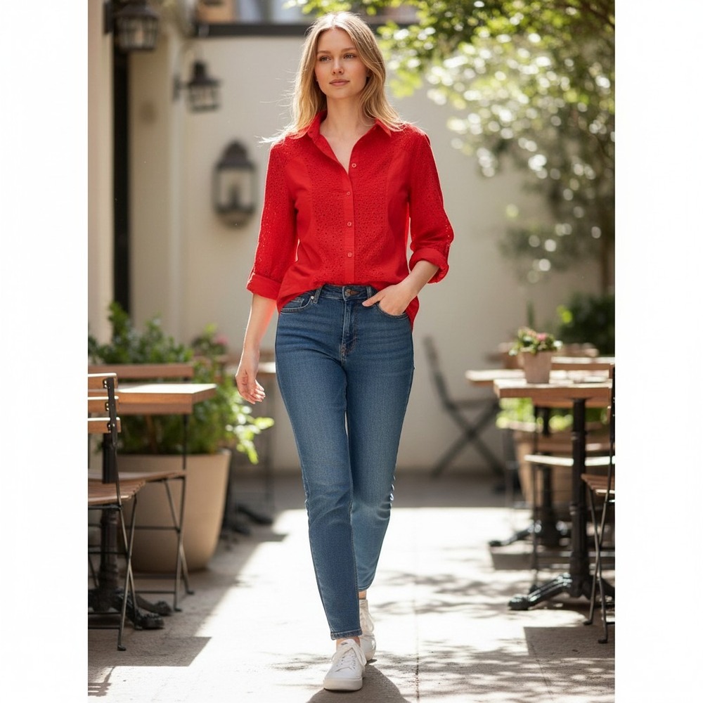 Chico's sz 1 (M) cotton eyelet long sleeve button down blouse I